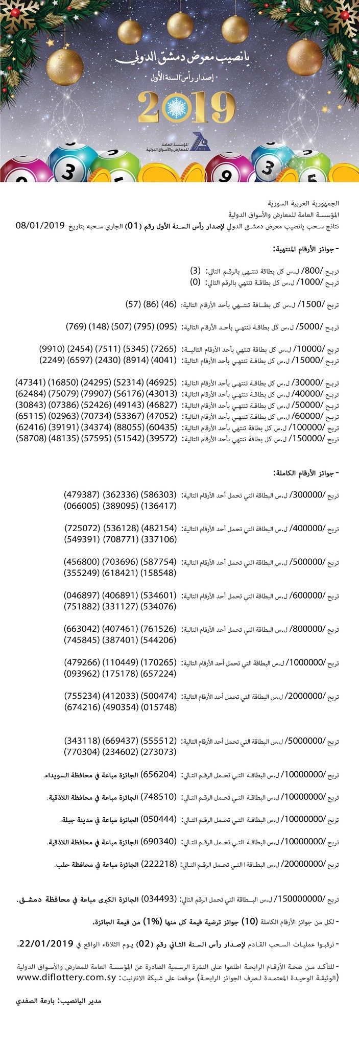 ((حقق حلمك)) ارقام البطاقات الرابحة في يانصيب معرض دمشق الدولي 22.01.2019رأس السنة الثاني رقم (02) اعرف نتيجة بطاقتك www.diflottery.com.sy