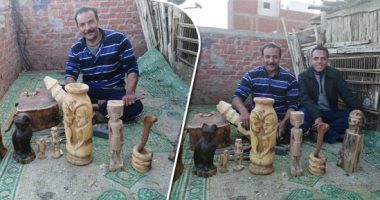 "مفيش مستحيل".. أحمد يتحدى إعاقته بنحت تماثيل خشب على سطح منزله ببنى سويف.. ويؤكد: أصبت...