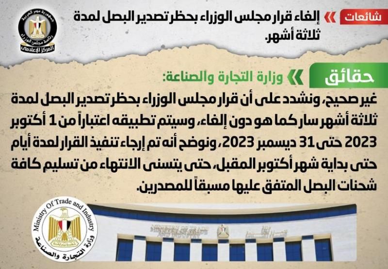 الحكومة تنفى إلغاء قرار مجلس الوزراء بحظر تصدير البصل لمدة ثلاثة أشهر