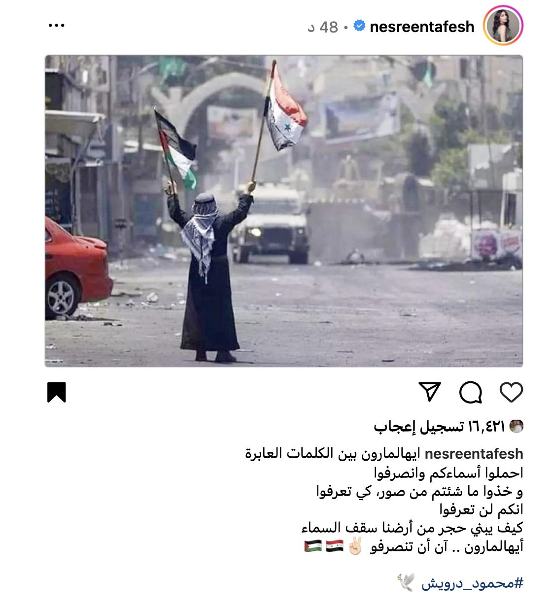 بهذه الكلمات نسرين طافش تدعم القضية الفلسطينية