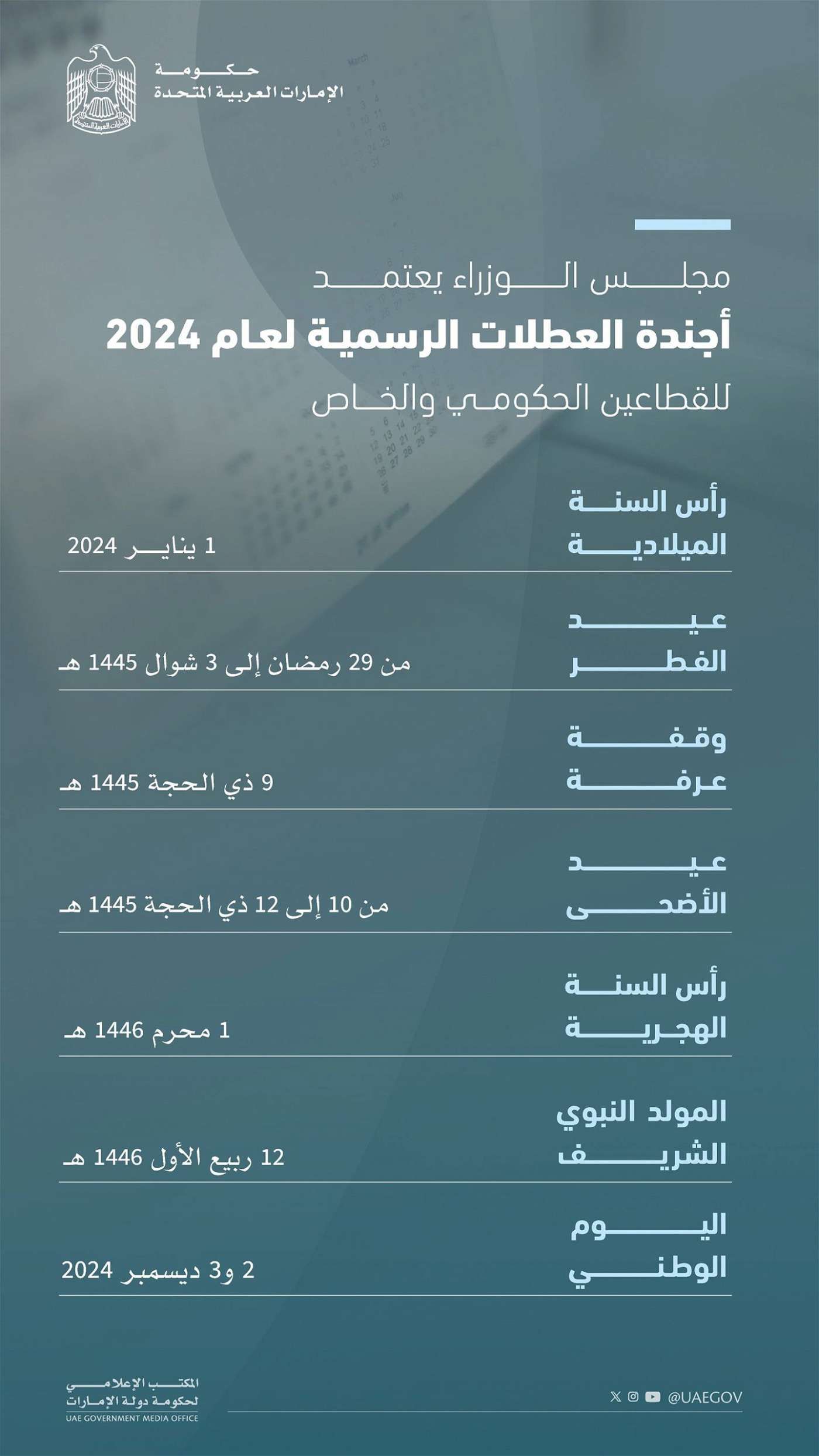الإمارات تعتمد أجندة العطلات الرسمية للقطاعين الحكومي والخاص لعام 2024