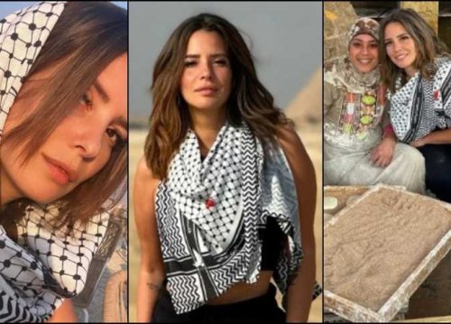 إيمان العاصي ترتدي الكوفية أمام الأهرامات