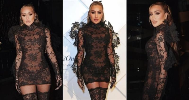 مايا دياب بفستان أسود قصير من الدانتيل وبطانة بلون الجلد في حفل...