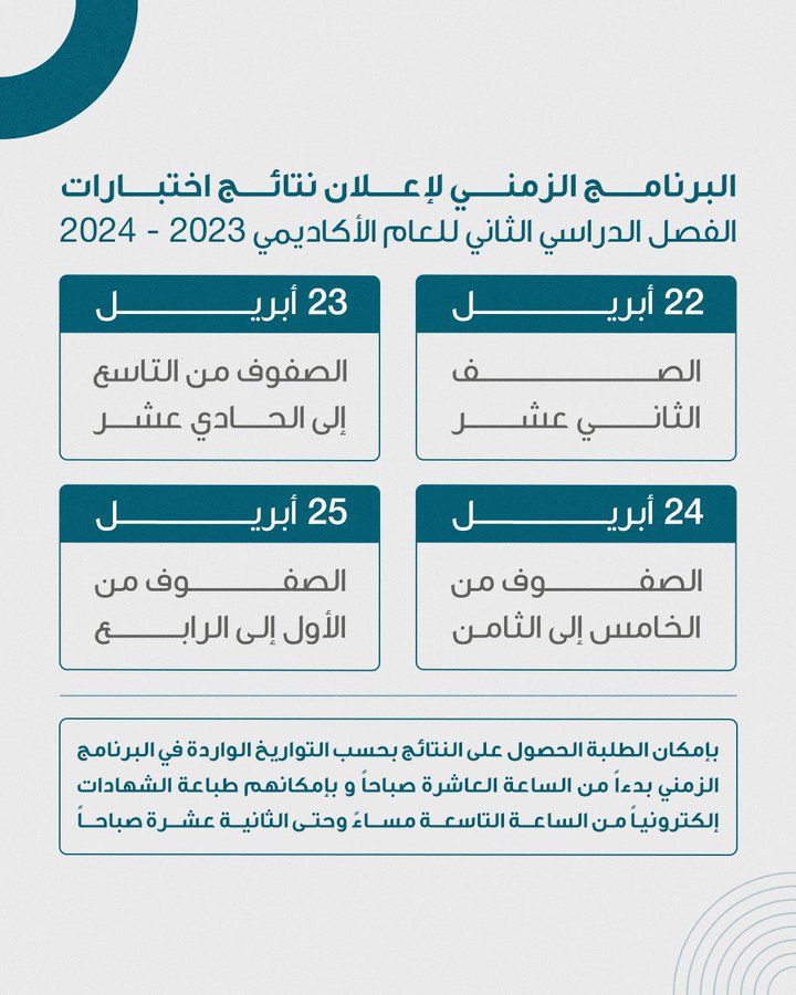 الإعلان عن برنامج اختبارات نهاية الفصل الدراسي الثاني للعام 2023-2024