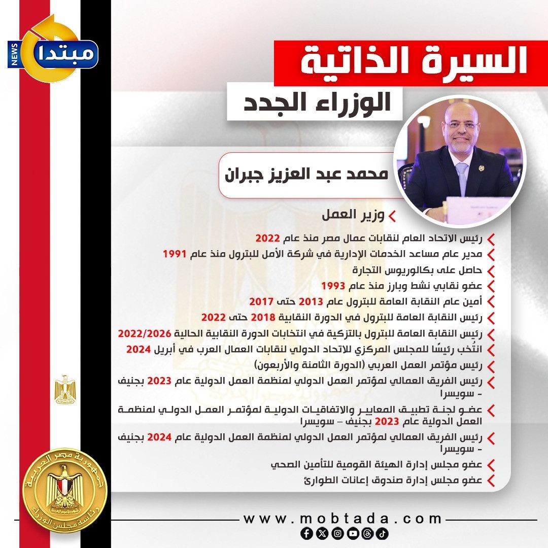 السيرة الذاتية للوزراء الجدد.. محمد جبران وزيرا للعمل (إنفوجراف)