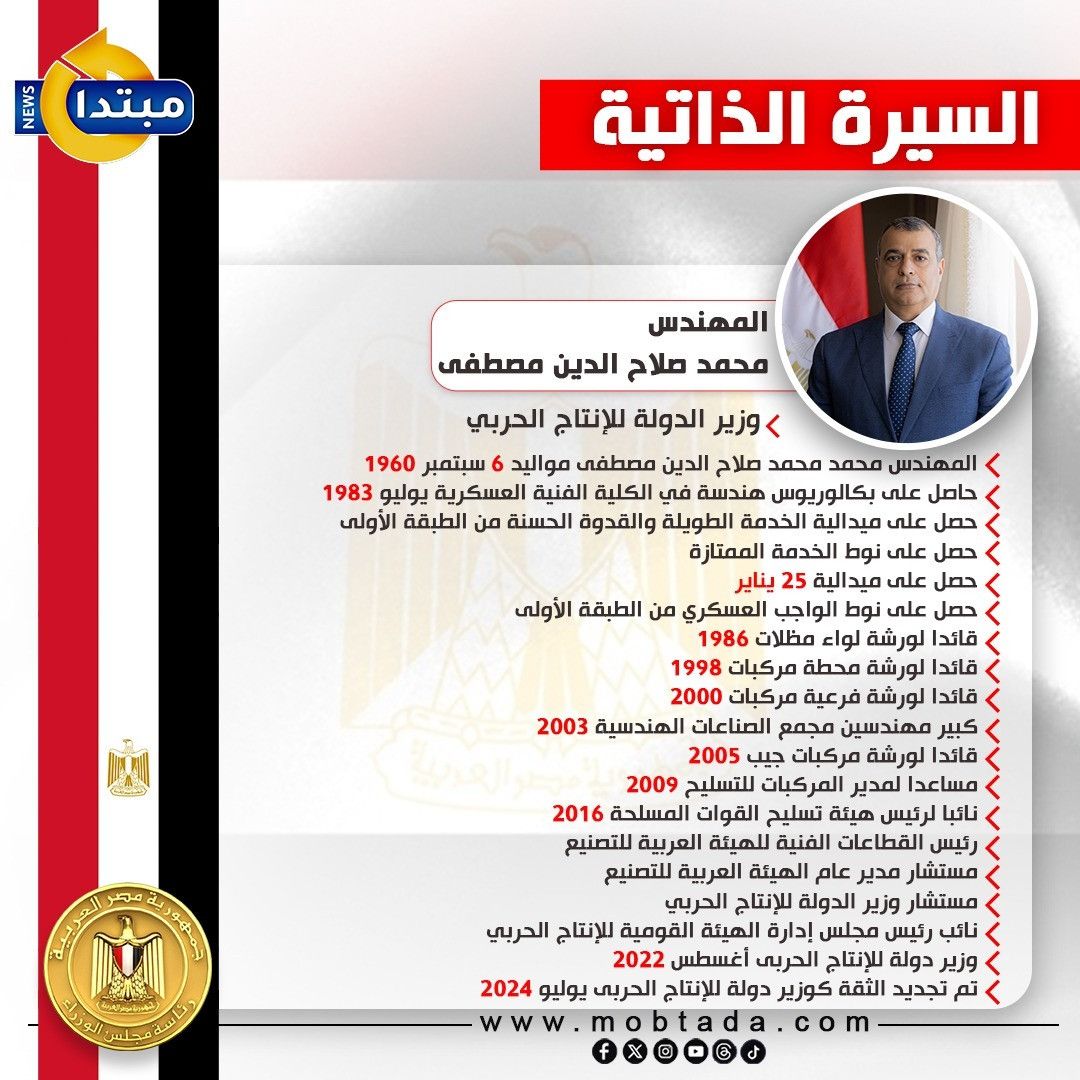 الحكومة الجديدة.. السيرة الذاتية لوزير الإنتاج الحربي (إنفوجراف)