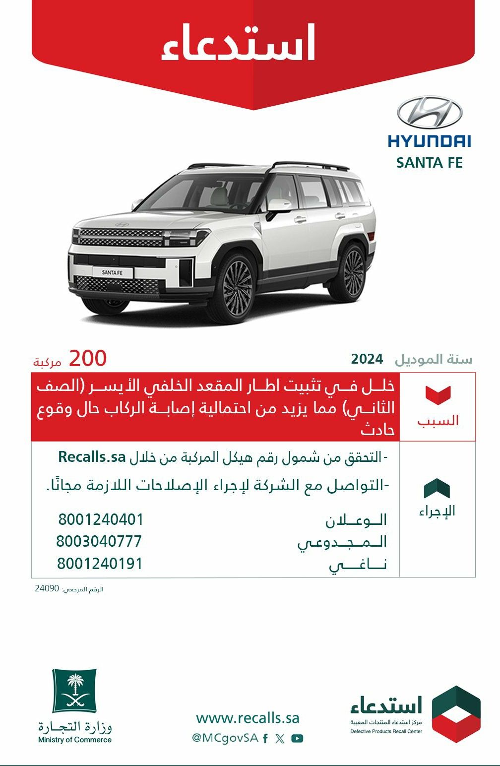 اتفرج "..التجارة السعودية تعلن استدعاء 200 مركبة هيونداي "Santa Fe".. وتكشف عن السبب!