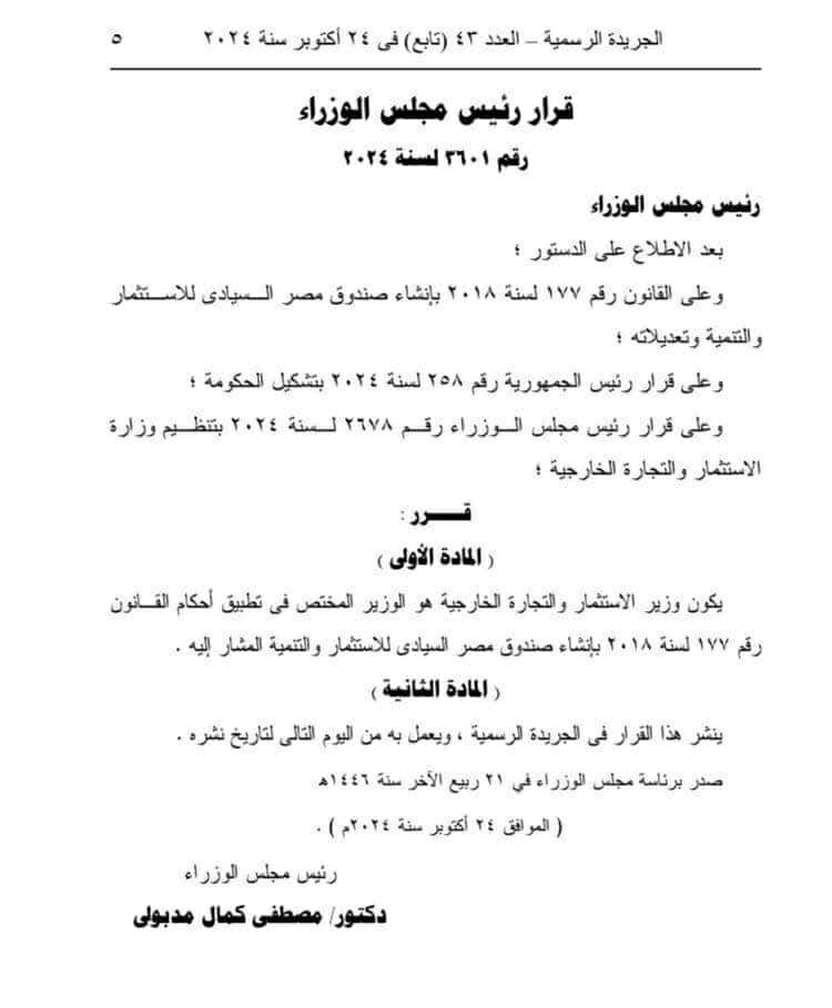 عاجل.. وزير الاستثمار المختص بتطبيق قانون صندوق مصر السيادي