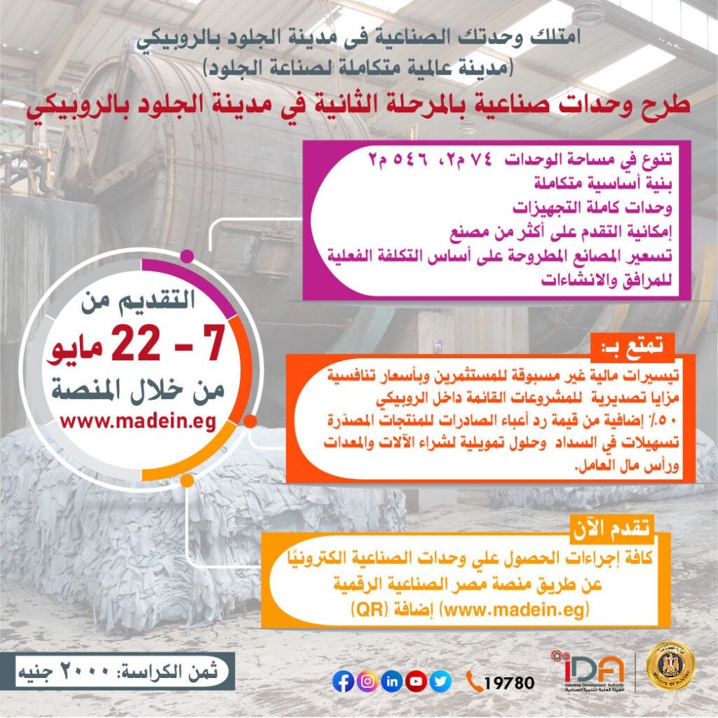 مد فترة التقدم على 332 وحدة صناعية جاهزة للمستثمرين حتى 22…