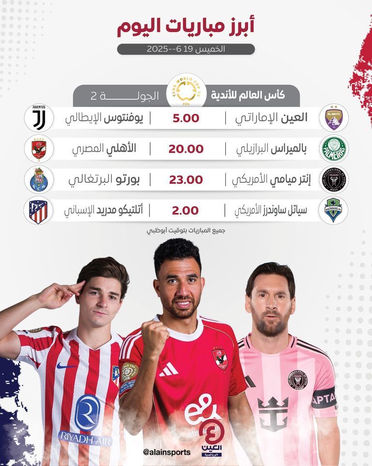 جدول مباريات اليوم الخميس 19 يونيو 2025 والقنوات الناقلة