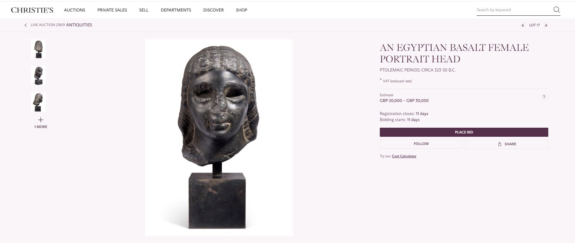 دار مزادات بريطانية تعرض قطعًا أثرية فرعونية نادرة للبيع في 2 يوليو