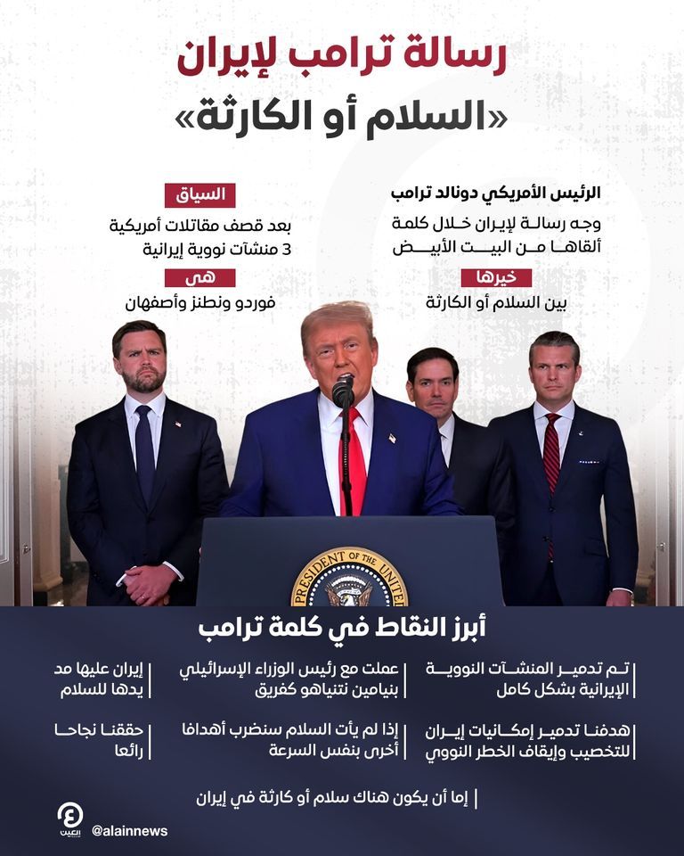 ترامب يؤكد تدمير منشآت إيران النووية تماما: إما «السلام» أو «الكارثة»