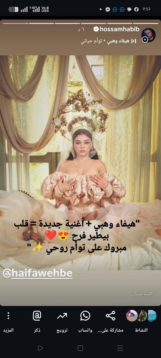 حسام حبيب يهنئ هيفاء وهبي بأغنيتها الجديدة «توأم روحي»