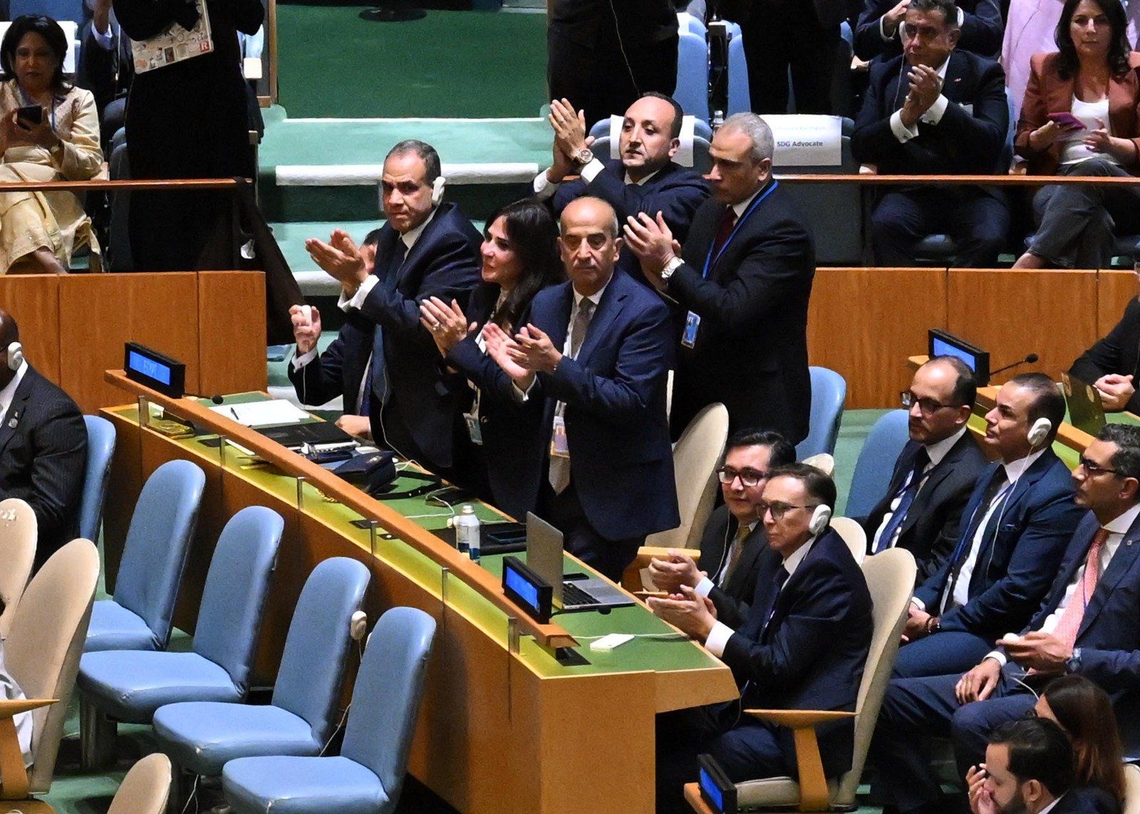 فرحة مدبولى ووفد مصر لحظة إعلان ماكرون الاعتراف رسميا بدولة فلسطين