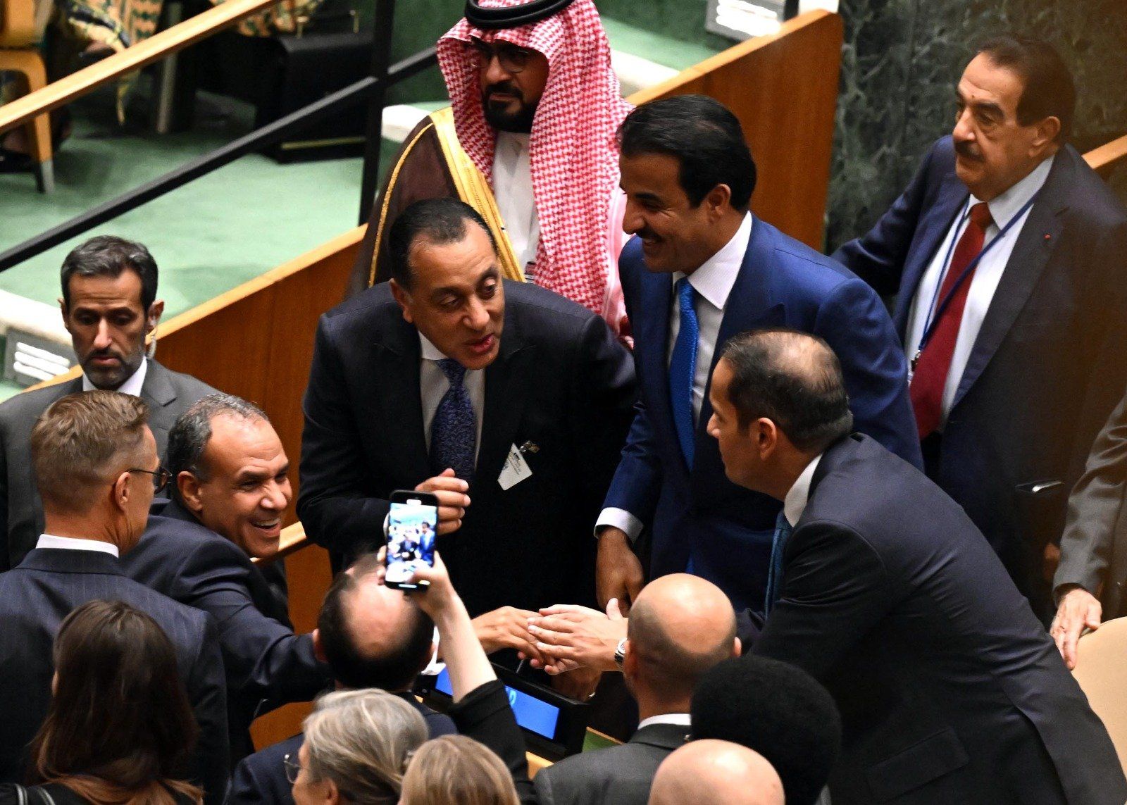 فرحة مدبولى ووفد مصر لحظة إعلان ماكرون الاعتراف رسميا بدولة فلسطين
