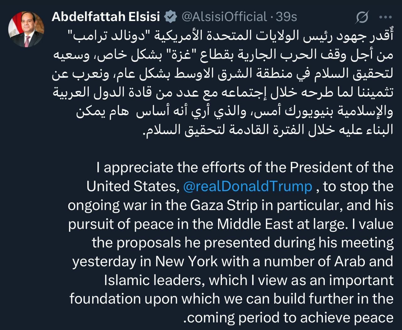 الرئيس السيسي: أقدر جهود ترامب لوقف الحرب فى غزة وتحقيق السلام بالشرق الأوسط