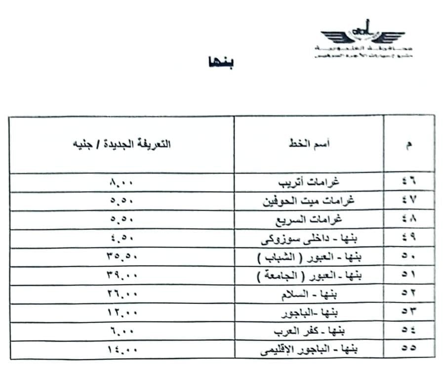 ننشر تعريفة الركوب على الخطوط الداخلية بالقليوبية عقب تحريك أسعار الوقود