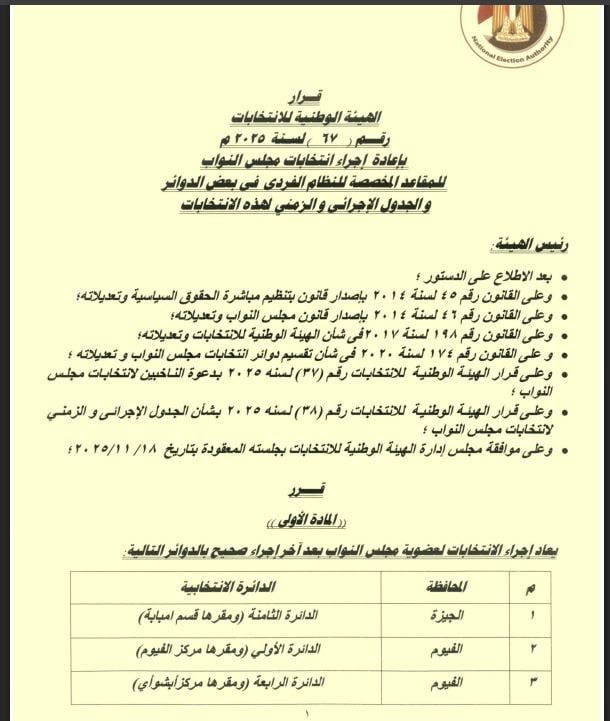 الجدول الزمنى الجديد لانتخابات مجلس النواب بـ 19 دائرة ملغاة نتائجها