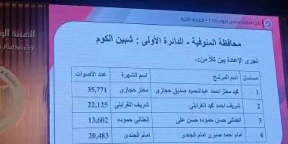 ننشر أسماء الفائزين ومقاعد الإعادة بدوائر المنوفية فى انتخابات مجلس النواب