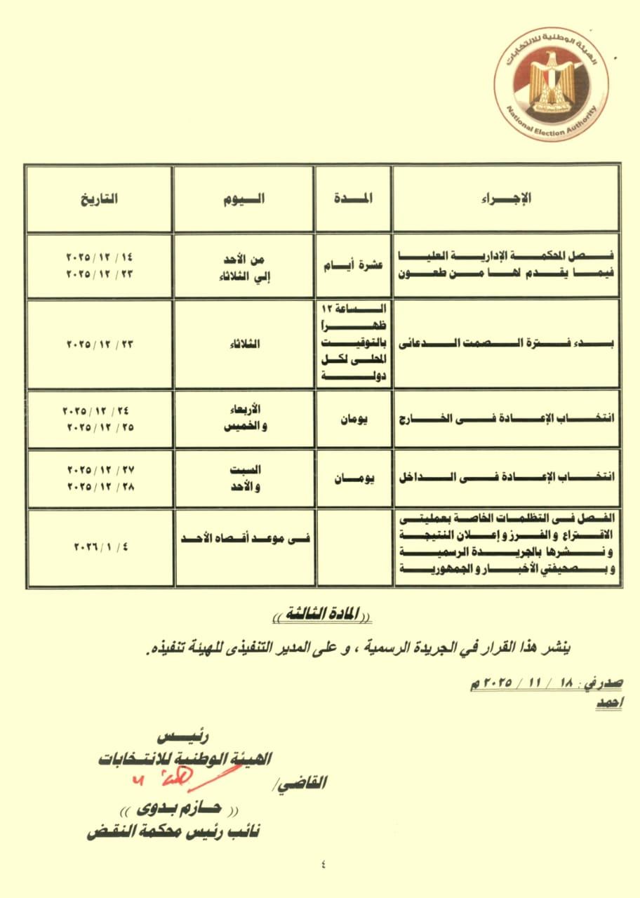 ننشر الجدول الزمنى للإجراءات الانتخابية بالدوائر الملغاة بانتخابات النواب