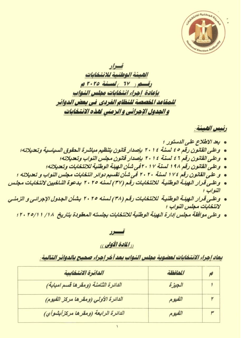 ننشر الجدول الزمنى للإجراءات الانتخابية بالدوائر الملغاة بانتخابات النواب