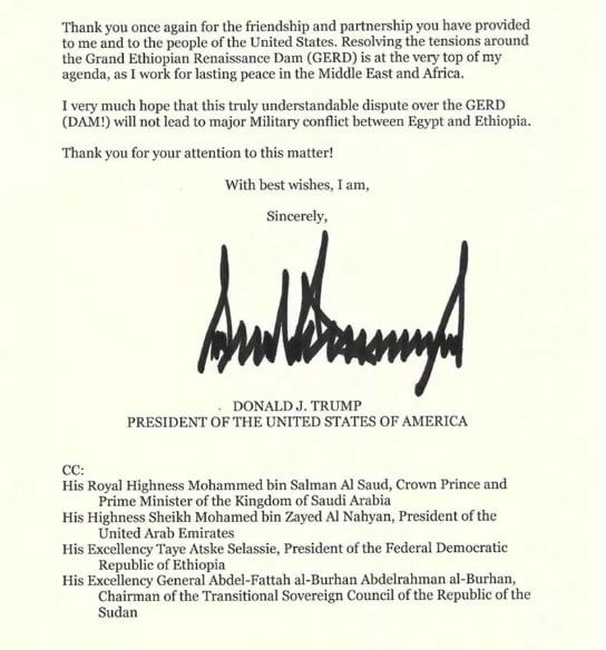 ترامب فى رسالة للرئيس السيسى:لا ينبغي لأي دولة أن تسيطر بشكل أحادي على نهر النيل