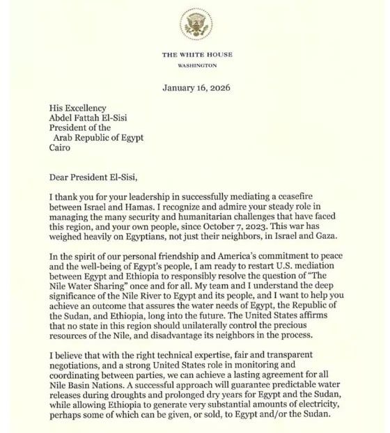 ترامب فى رسالة للرئيس السيسى:لا ينبغي لأي دولة أن تسيطر بشكل أحادي على نهر النيل