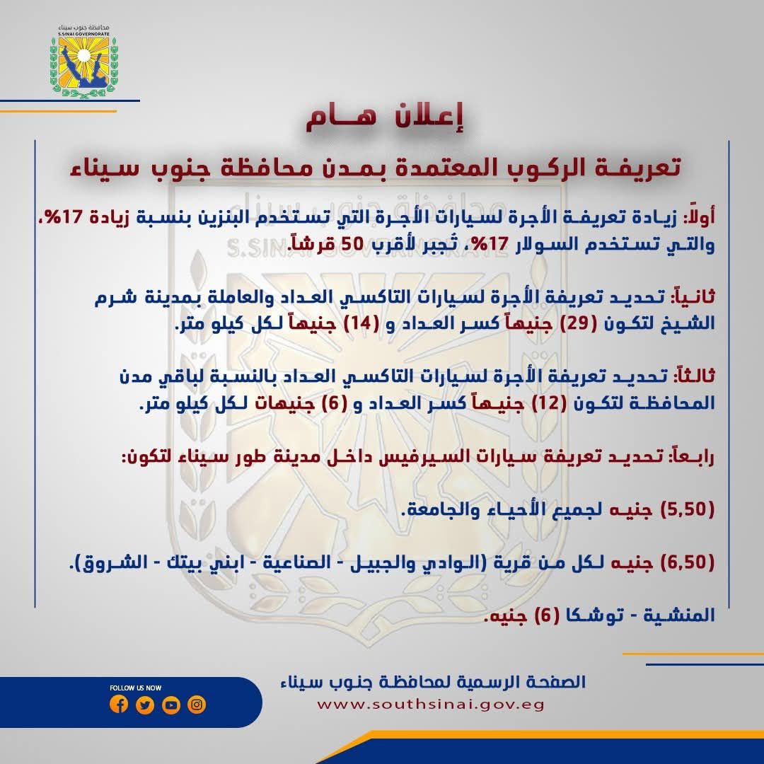 بعد تحريك اسعار الوقود.. محافظ جنوب سيناء يعتمد تعريفة الركوب الجديدة.. اعرف التفاصيل (صور)