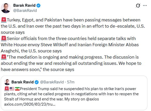 أكسيوس: مصر وتركيا وباكستان ينقلون رسائل بين واشنطن وطهران لخفض التصعيد