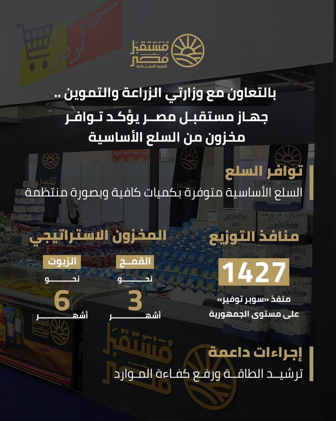 جهاز مستقبل مصر: توافر السلع الأساسية بكميات كافية عبر 1427 منفذ لـ«سوبر توفير»