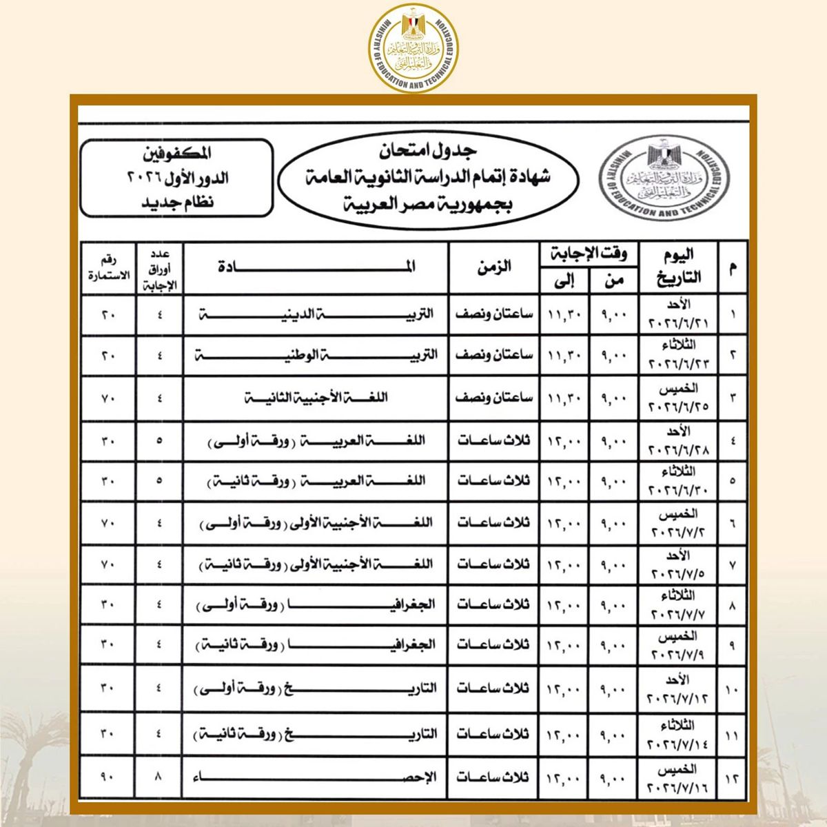 رسميًا وزير التعليم يعتمد جدول امتحانات الثانوية العامة...