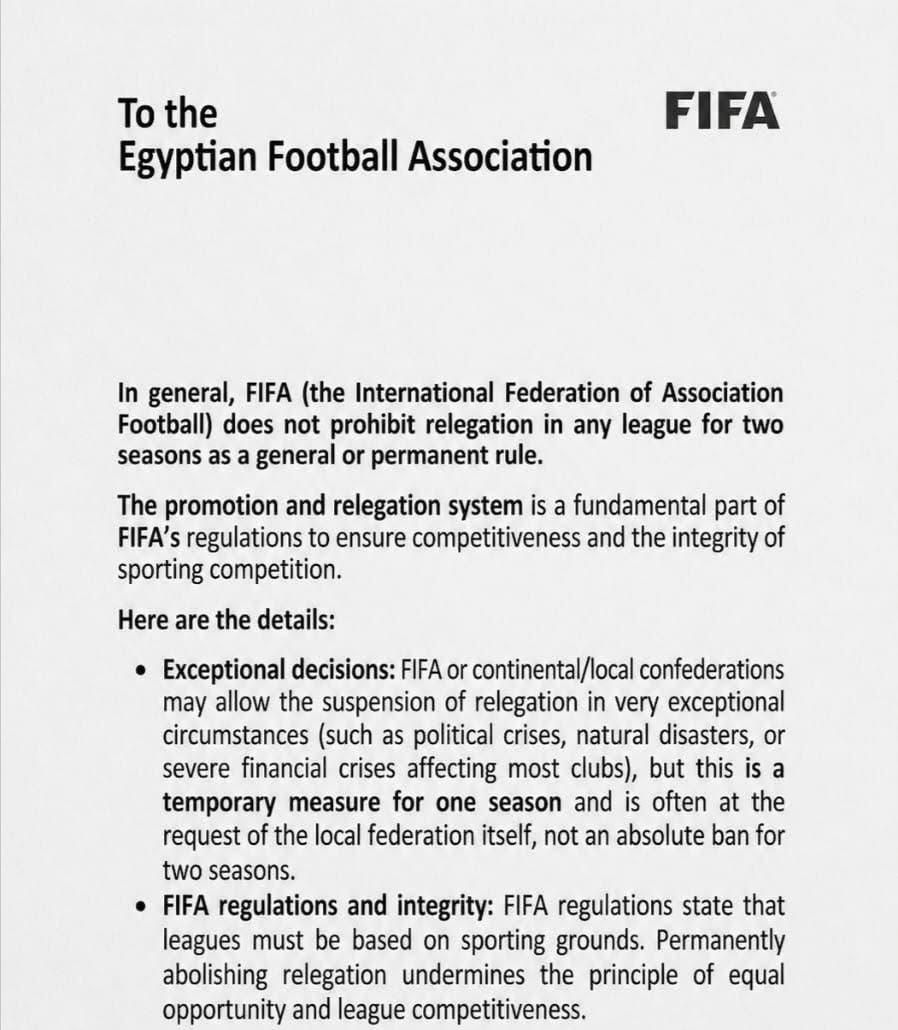 اتحاد الكرة ينفي رسميًا مخاطبة “فيفا” لطلب إلغاء الهبوط بالدوري