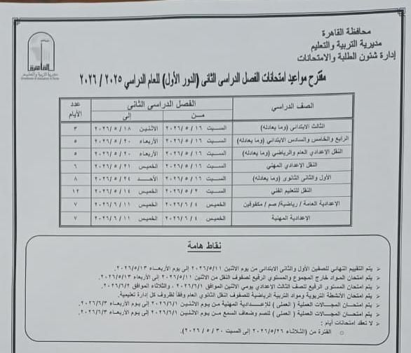 تبدأ 16 مايو إلي 11 يونيو .. محافظ القاهرة يعتمد مواعيد امتحانات الفصل الدراسي الثاني 2026
