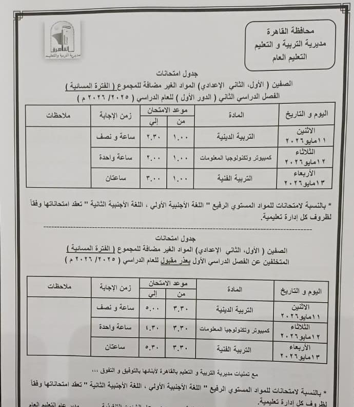 تبدأ 16 مايو إلي 11 يونيو .. محافظ القاهرة يعتمد مواعيد امتحانات الفصل الدراسي الثاني 2026