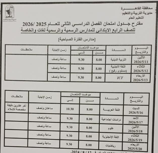 تبدأ 16 مايو إلي 11 يونيو .. محافظ القاهرة يعتمد مواعيد امتحانات الفصل الدراسي الثاني 2026