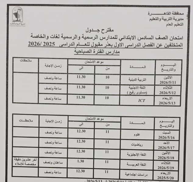 تبدأ 16 مايو إلي 11 يونيو .. محافظ القاهرة يعتمد مواعيد امتحانات الفصل الدراسي الثاني 2026